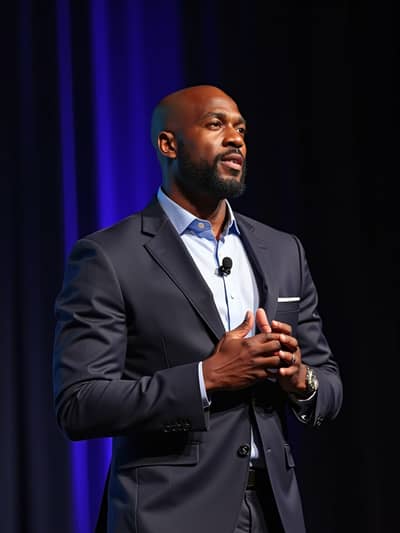 AI generated keynote speaker photo example 6 - Professional keynote speaker photography by PhotoForge