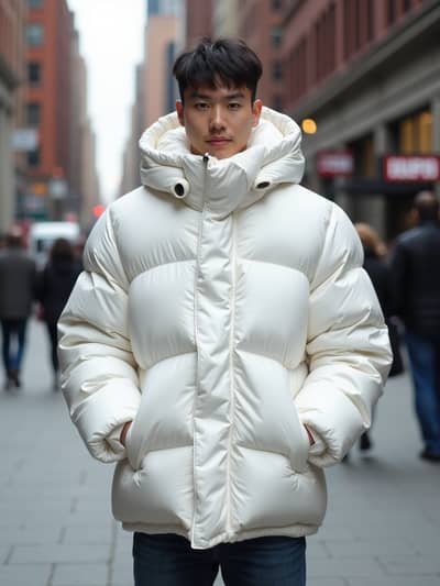 PhotoForge AI puffer jacket photo sample 20 - Studio quality AI generated photography